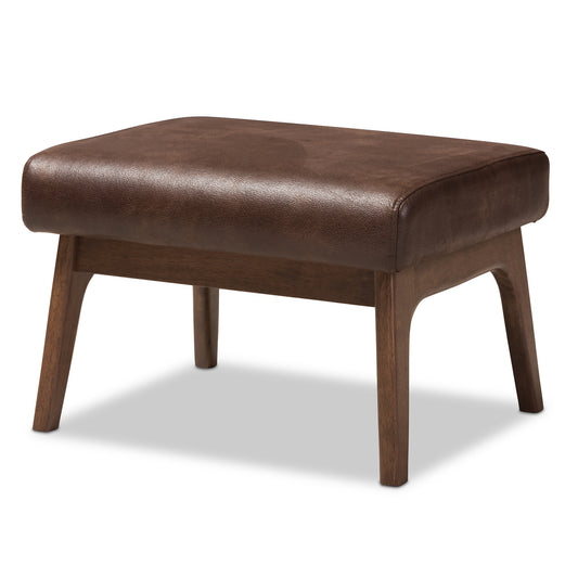 Bianca Ottoman Mid-Century Modern Walnut Wood Dark Brown Distressed Faux Leather