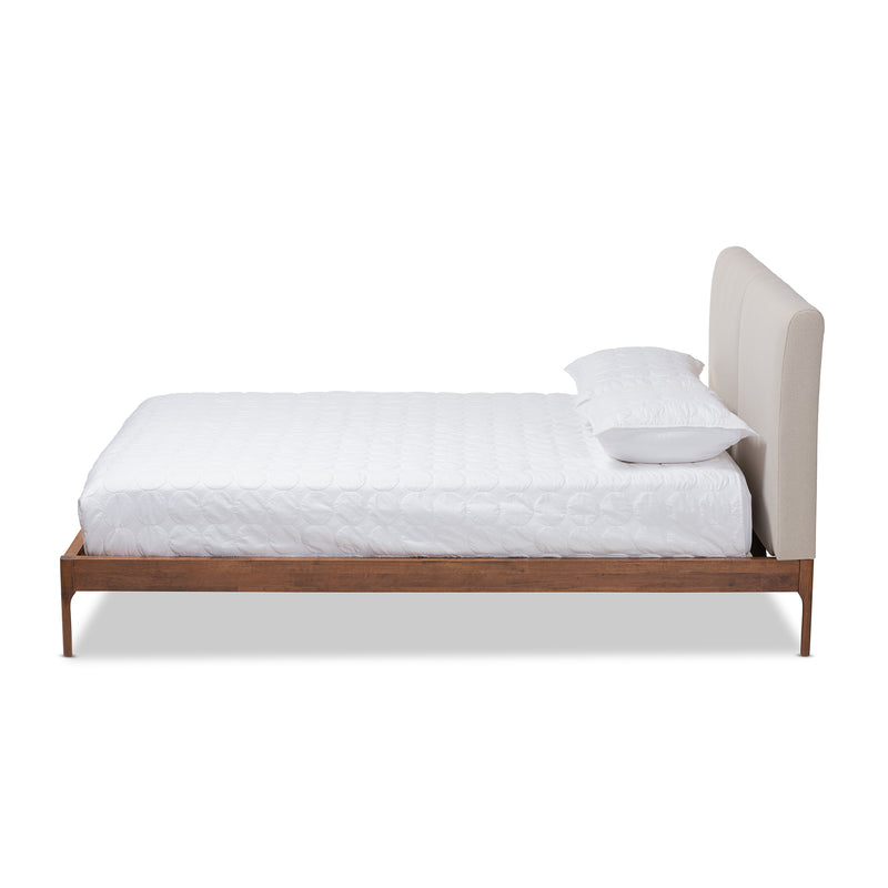 Aveneil Platform Bed - Mid-Century Modern Beige Fabric Upholstered with Walnut Finish