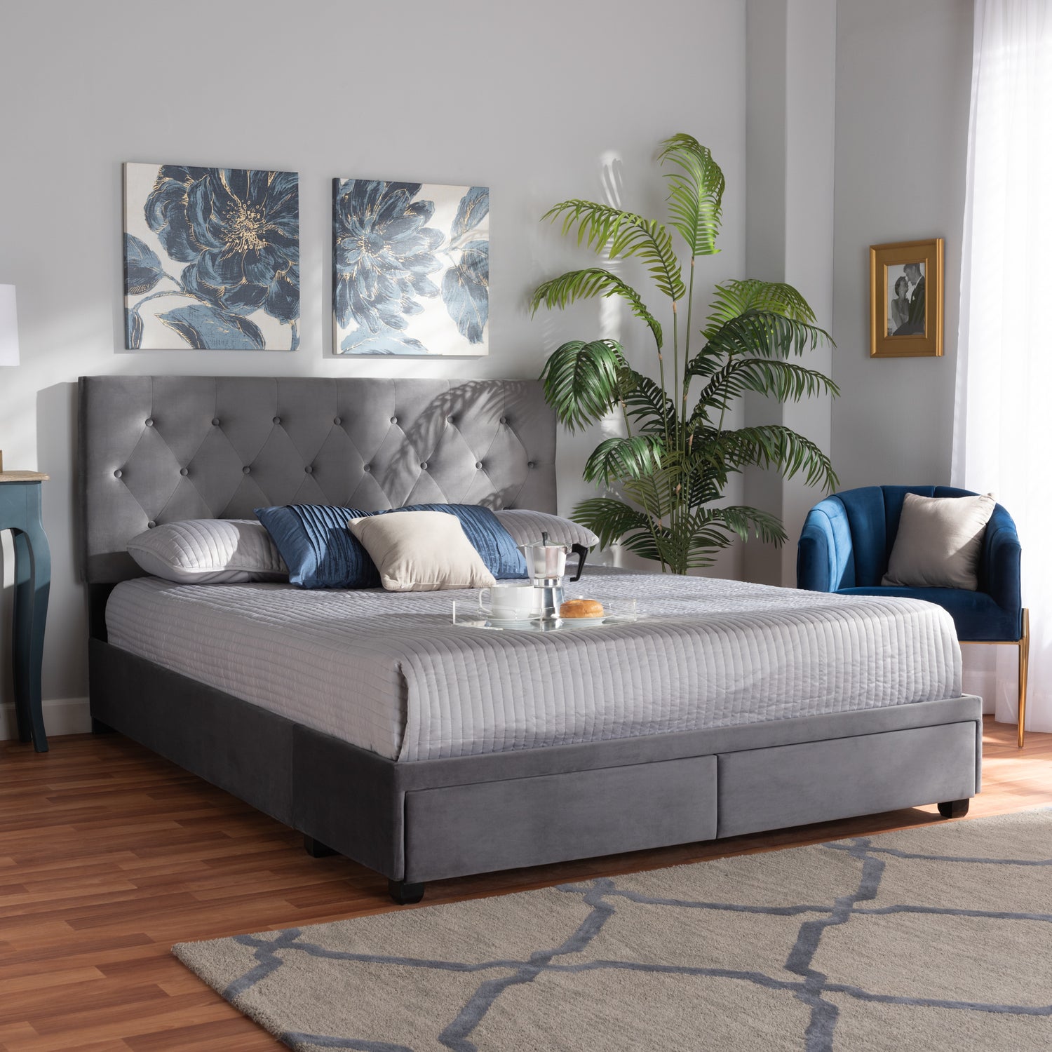 Caronia Platform Storage Bed - Modern and Contemporary Grey Velvet Fabric Upholstered with 2 Drawers