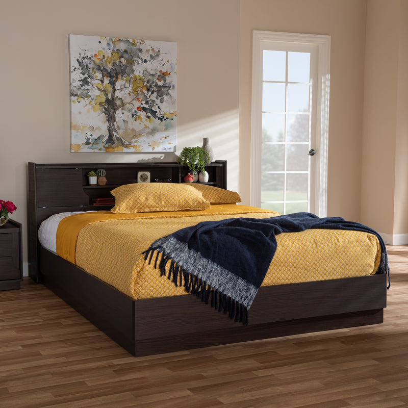 Larsine Queen Size Platform Storage Bed in Modern Brown Finish with Ample Under-Bed Storage