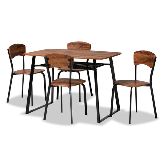 Elida 5-Piece Dining Set in Modern Contemporary Style with Walnut Brown Wood and Black Metal Accents