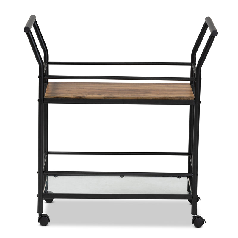 Valora Mobile Wine Cart - Industrial Rustic Walnut Wood and Black Metal 2-Tier Design for Stylish Storage and Serving