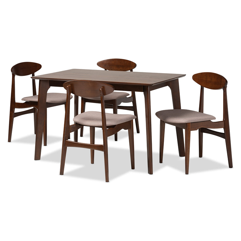 Daria Dining Set Mid-Century Modern 5-Piece Collection in Warm Grey Fabric and Dark Brown Wood Finish