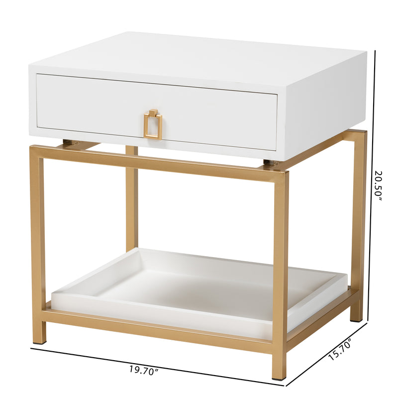 Melosa End Table Modern Glam and Luxe White Finished Wood and Gold Metal 1-Drawer