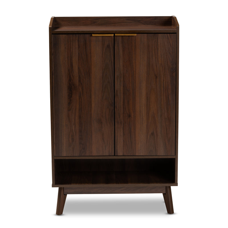 Lena Mid-Century Modern Shoe Cabinet Walnut Brown 5-Shelf Wood Entryway Storage for Organizing Footwear and Accessories