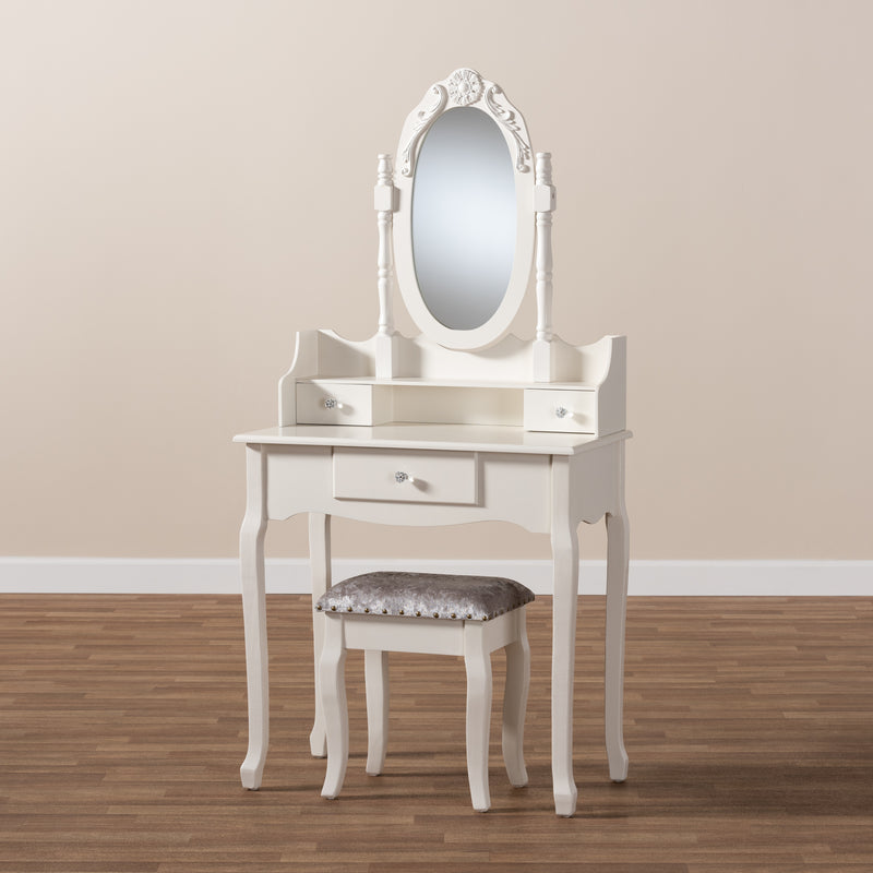 Veronique 2-Piece Vanity Set Traditional French Provincial White Wood Vanity Table with Mirror and Matching Ottoman for Elegant Bedroom Decor