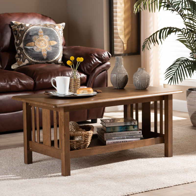 Rylie Coffee Table - Traditional Mission Style in Walnut Brown Finish, Rectangular Wood Design for Elegant Living Rooms