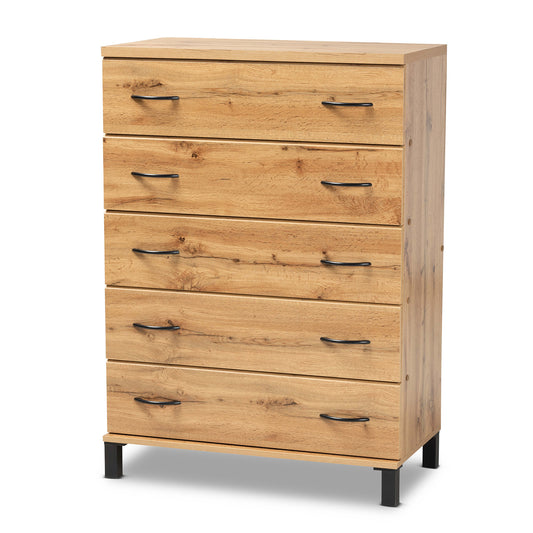 Maison 5-Drawer Storage Chest in Modern Oak Brown Finished Wood for Stylish Organization and Space-Saving Solutions