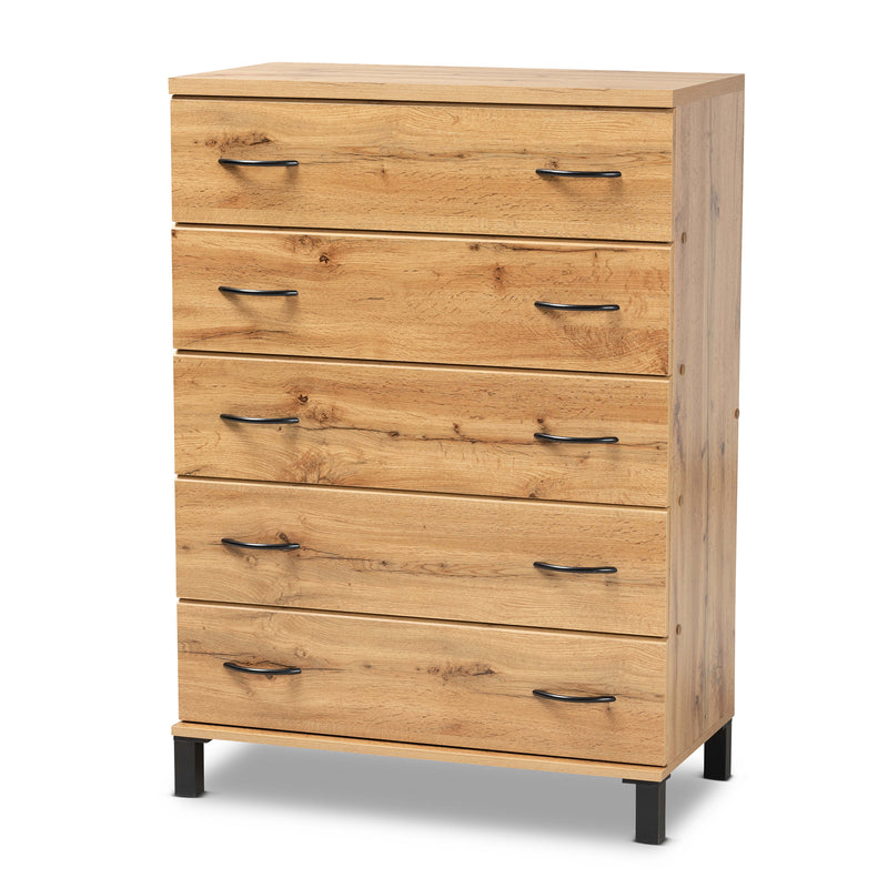 Maison 5-Drawer Storage Chest in Modern Oak Brown Finished Wood for Stylish Organization and Space-Saving Solutions