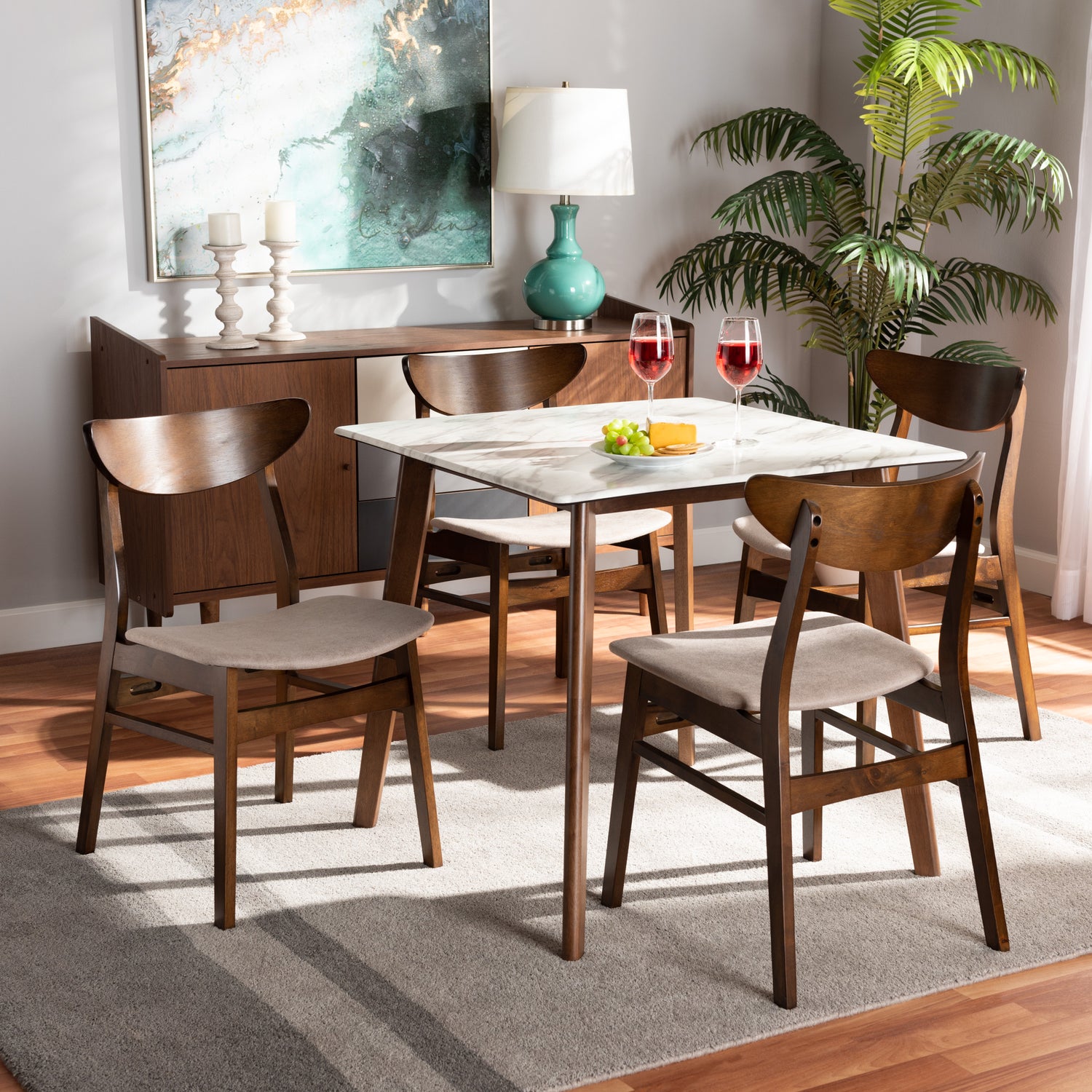 Paras Dining Set Mid-Century Modern Transitional Light Beige Fabric Upholstered Walnut Brown Finished Wood 5-Piece with Faux Marble Table