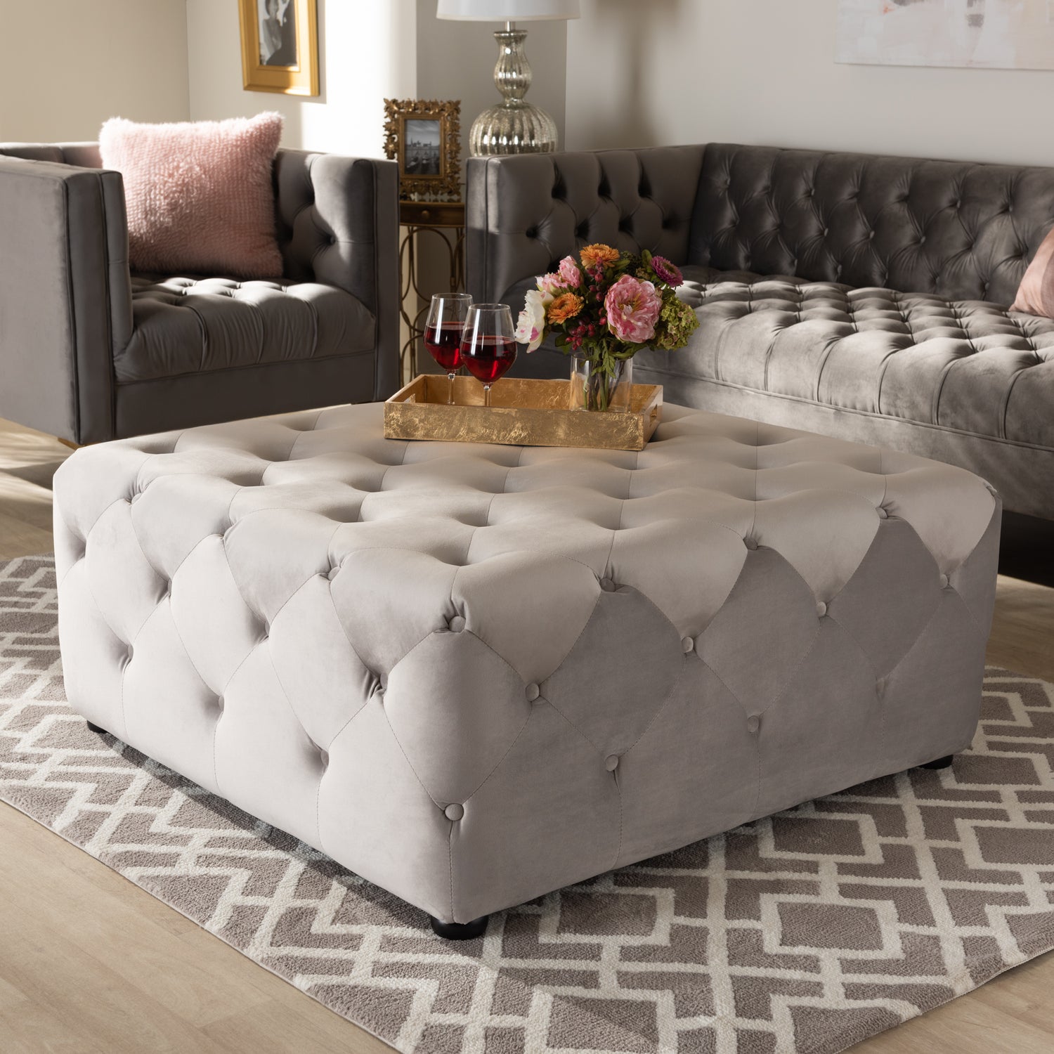 Calvetti Cocktail Ottoman Modern Slate Gray Velvet Fabric with Button-Tufted Design for Stylish Living Room Decor