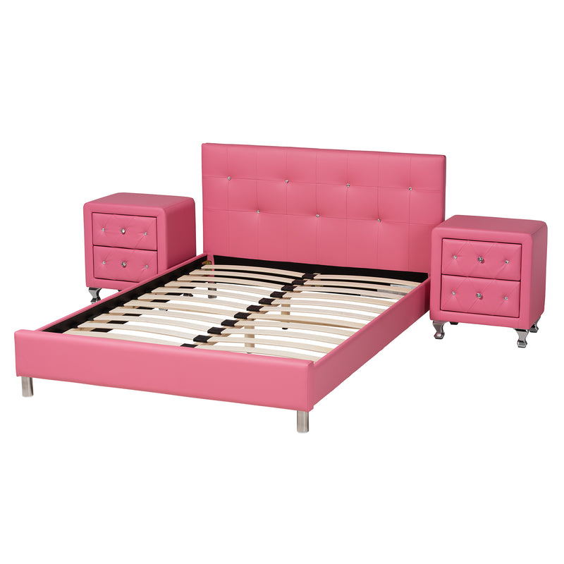 Barbara Contemporary Glam Full Size 3-Piece Bedroom Set in Pink Faux Leather, Stylish Modern Design for Chic Decor