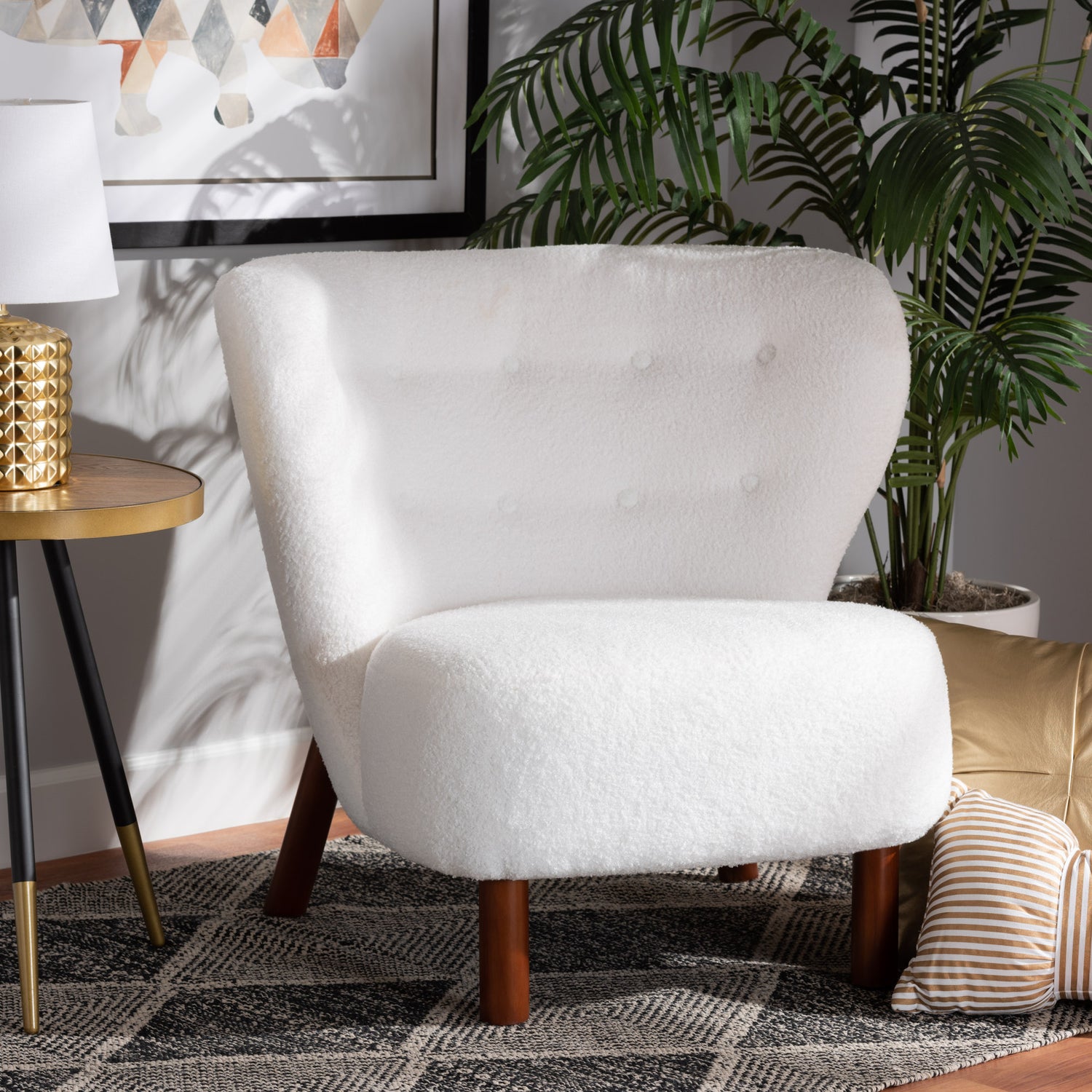 Cabrera Accent Chair Modern White Boucle Upholstered Design with Walnut Brown Finished Wood Frame