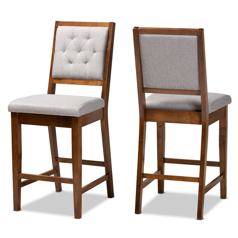 Gideon Counter Stool Set Modern and Contemporary Grey Fabric Upholstered Walnut Brown Finished Wood 2-Piece