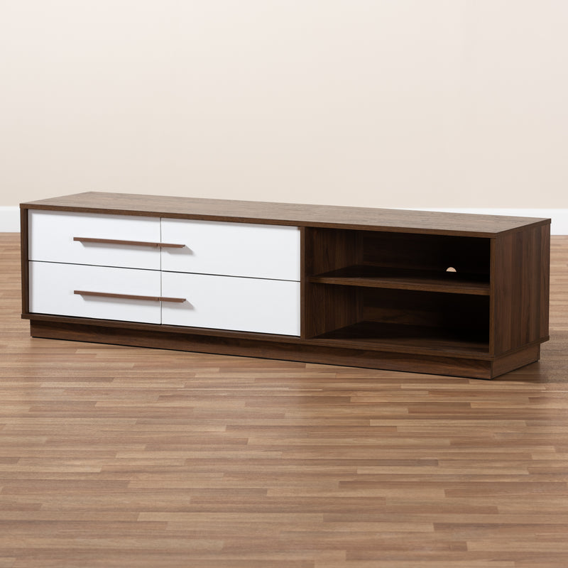 Mette Mid-Century Modern TV Stand Two-Tone White and Walnut Finished 4-Drawer Wood Entertainment Center for Living Room Storage