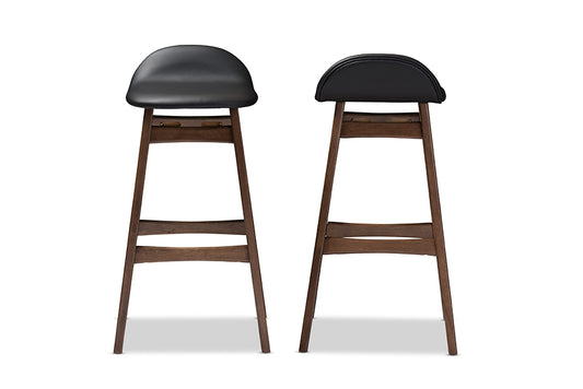 Bloom Bar Stool Mid-century Retro Modern Scandinavian Style Black Faux Leather Upholstered Walnut Wood Finishing 30-Inches (Set of 2)