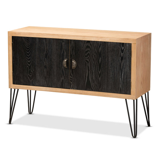 Denali Storage Cabinet Modern Two-Tone Design in Walnut Brown and Black Finished Wood with Metal Accents for Stylish Organization