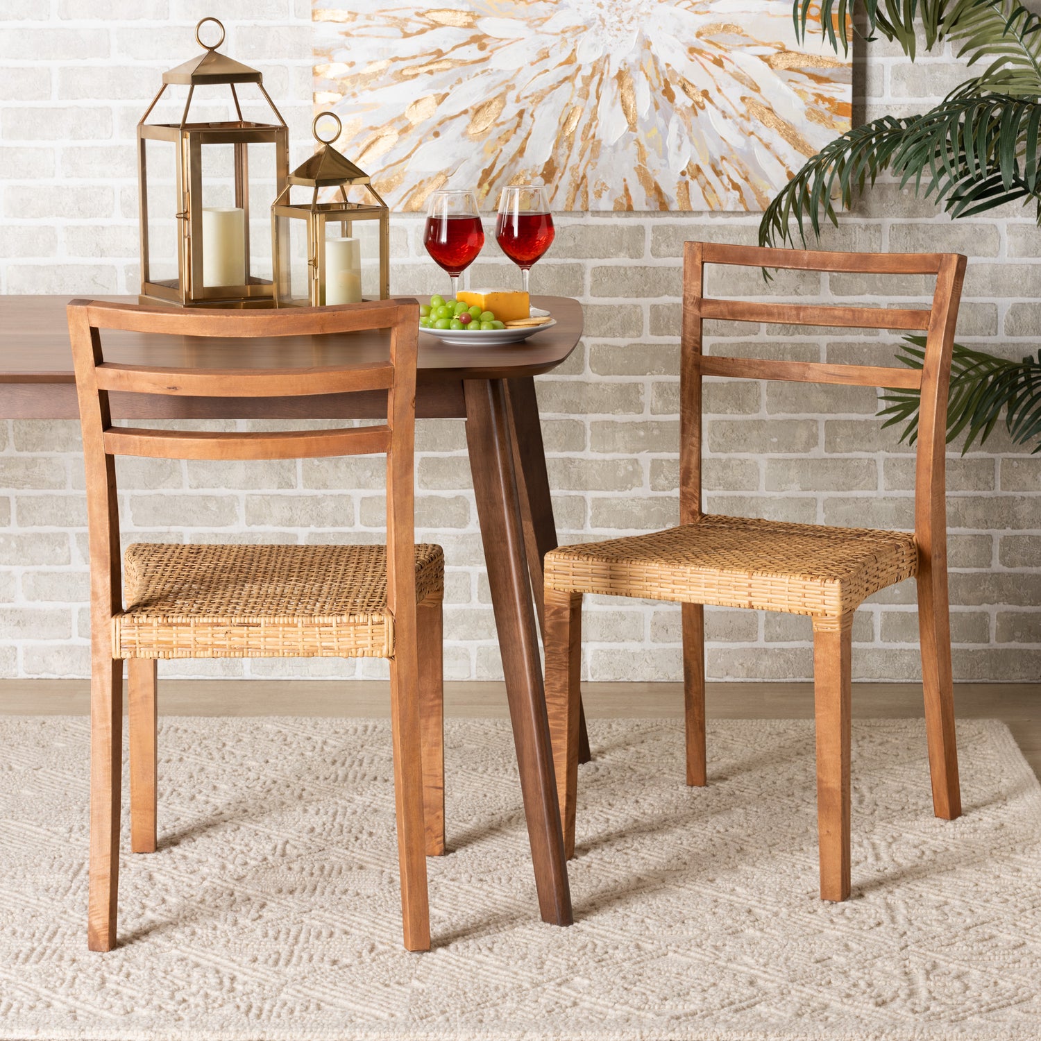 Arthur Mid-Century Modern Dining Chair Set 2-Piece Walnut Brown Mahogany Wood and Natural Rattan Design for Stylish Dining Spaces