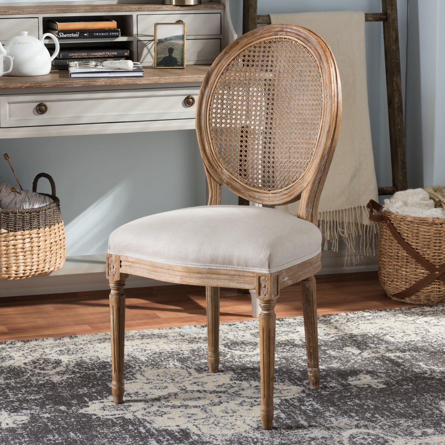 Adelia Vintage Cottage Dining Side Chair in Weathered Oak with Beige Fabric Upholstery and Round Cane Back Design