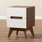 Calypso Mid-Century Modern Nightstand with 3 Drawers in White and Walnut for Stylish Bedroom Storage