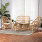 Jayden Living Room Set Modern Bohemian 5-Piece Collection with White Fabric Upholstery and Natural Brown Rattan Finish