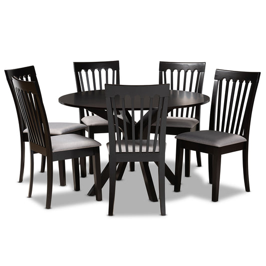 Lore Dining Set Modern Contemporary Grey Fabric Upholstered Dark Brown Finished Wood 7-Piece