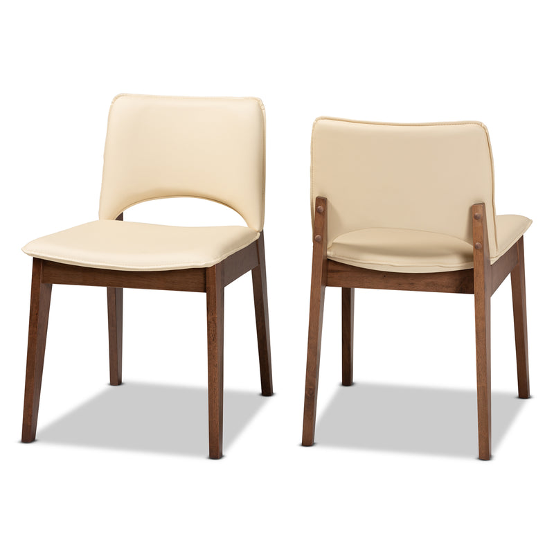 Afton Dining Chair Set Mid-Century Modern Beige Faux Leather Upholstered Walnut Brown Finished Wood 2-Piece