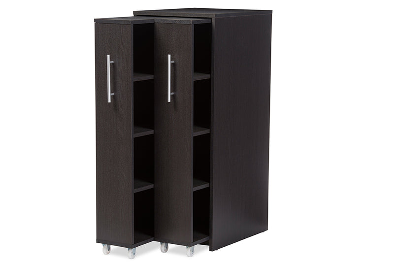 Lindo Bookcase Dark Brown Wood Shelving Cabinet with Two Pull-out Doors for Stylish Storage and Organization