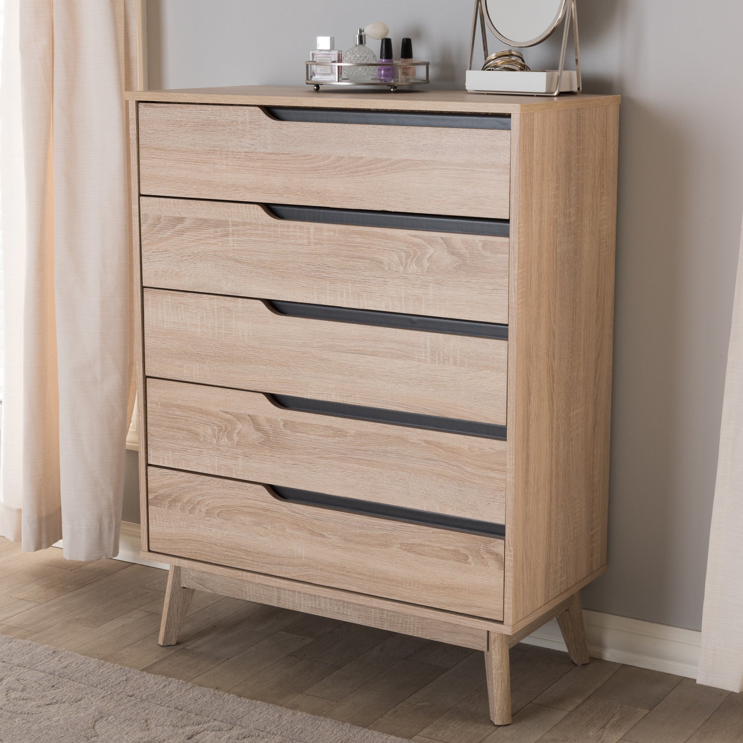 Fella Mid-Century Modern 5-Drawer Chest in Two-Tone Oak and Grey Finish for Stylish Bedroom Storage