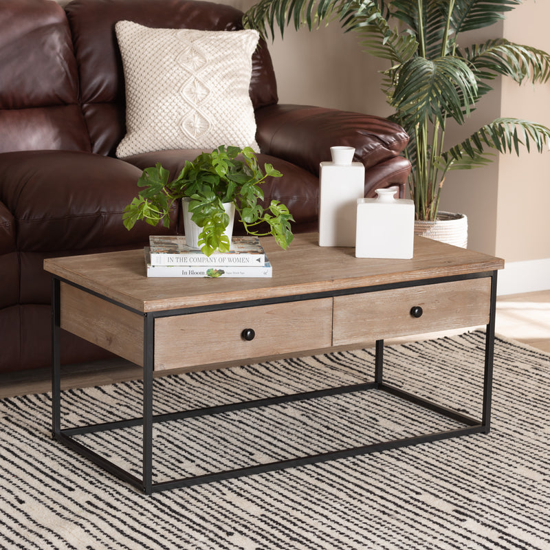 Roderick Coffee Table Modern Contemporary Design Weathered Oak Finish Black Metal Accents with 2 Storage Drawers