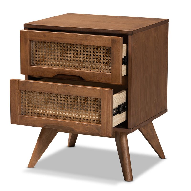 Barrett Mid-Century Modern Nightstand Walnut Brown Wood with Synthetic Rattan Featuring 2 Drawers for Stylish Storage