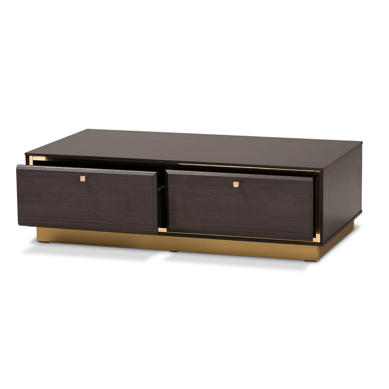 Cormac Coffee Table Mid-Century Modern Transitional Dark Brown Finished Wood and Gold Metal 2-Drawer