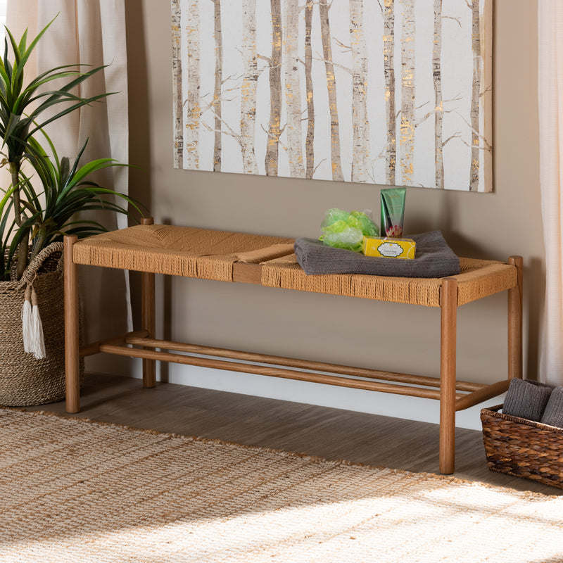 Saura Dining Bench Mid-Century Modern Oak Brown Wood with Hemp Upholstery for Stylish Dining Spaces