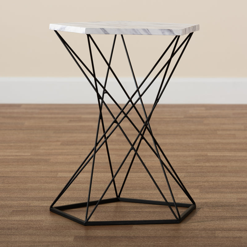 Oberon Modern Black Metal End Table with Faux Marble Top - Stylish Accent Furniture for Living Room or Bedroom