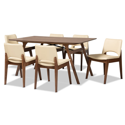 Afton Dining Set Mid-Century Modern Beige Faux Leather Upholstered Walnut Brown Finished Wood 7-Piece