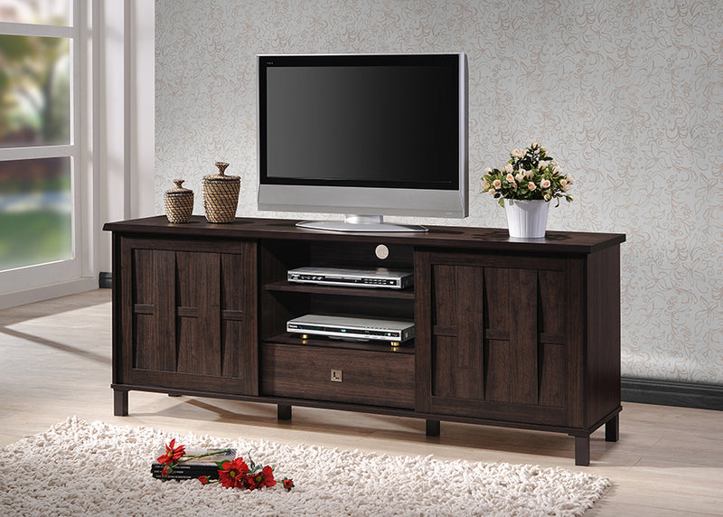 Unna TV Cabinet 70-Inch Dark Brown Wood with 2 Sliding Doors and Drawer