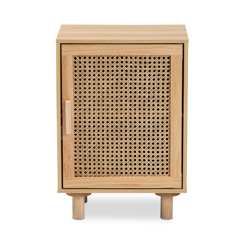 Maclean End Table - Mid-Century Modern Rattan and Natural Brown Wood, 1-Door Storage for Living Room or Bedroom