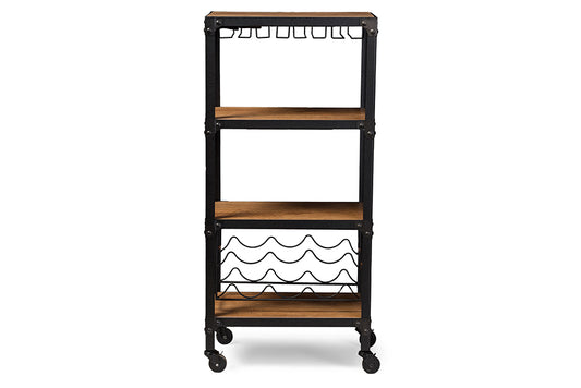 Swanson Mobile Kitchen Bar Rustic Industrial Style Antique Black Finish Distressed Wood Wine Storage Shelf