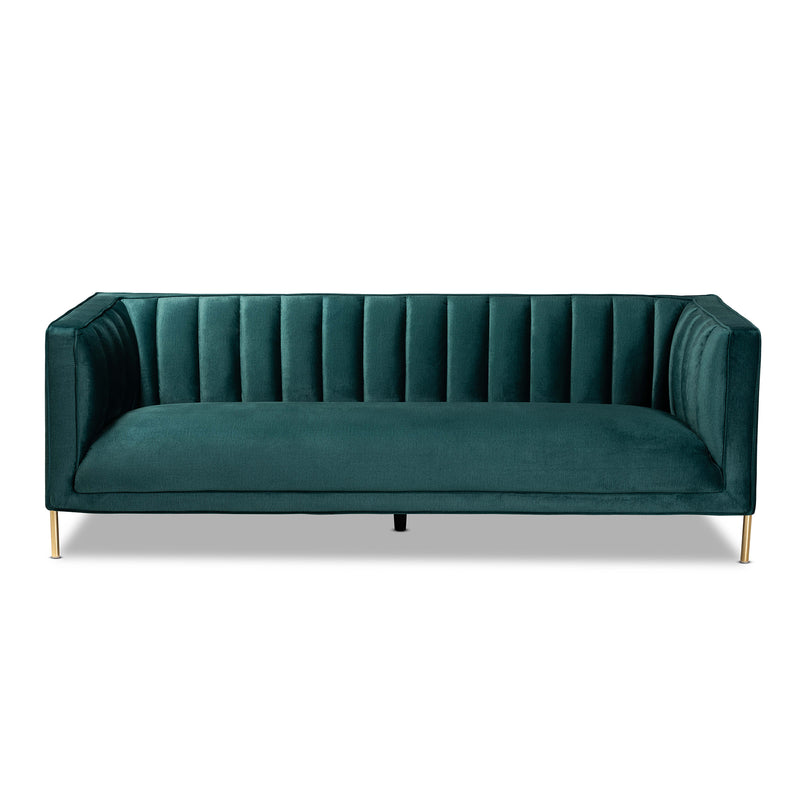 Maia Sofa Contemporary Glam Luxe Green Velvet Fabric Upholstered Gold Finished Metal