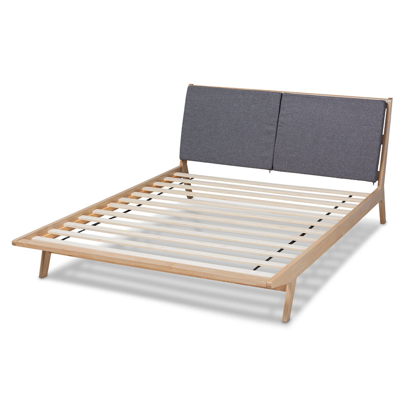 Emile Platform Bed - Modern and Contemporary Grey Fabric Upholstered with Natural Oak Finished Wood