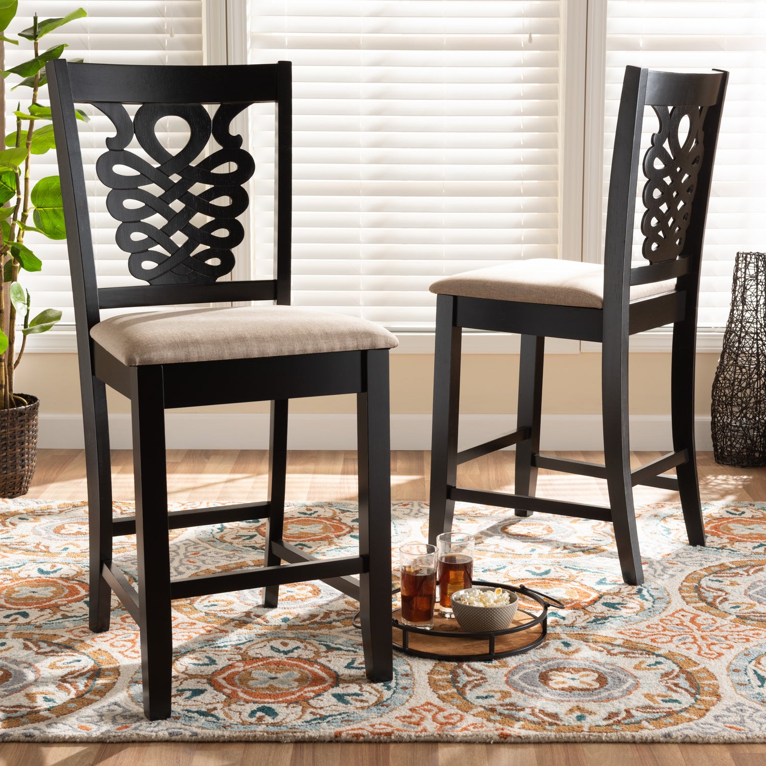 Gervais Counter Stool Set - Modern Transitional Design with Sand Fabric Upholstery and Dark Brown Wood, 2-Piece Collection for Kitchen or Bar