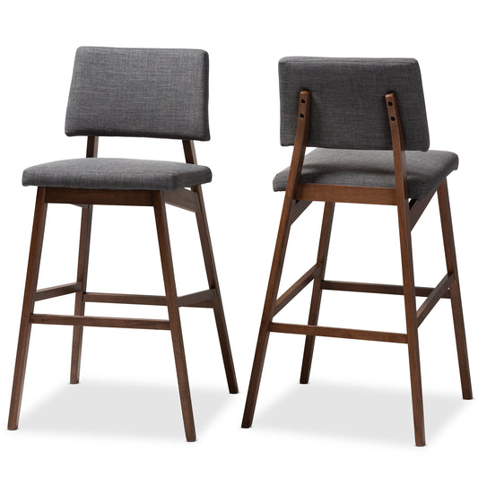 Colton Bar Stool Set of 2 Mid-Century Modern Dark Gray Fabric Upholstered Walnut-Finished Wood