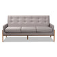 Perris Mid-Century Modern Sofa Light Grey Fabric Upholstered with Walnut Finished Frame Stylish Comfortable Living Room Furniture