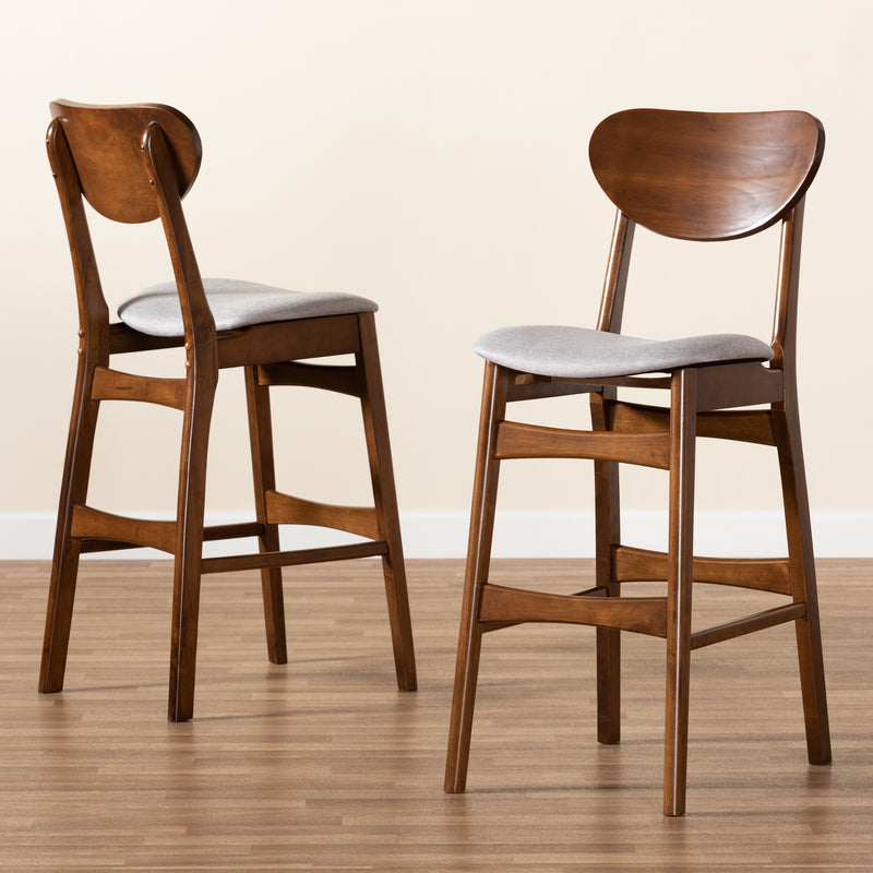 Katya Bar Stool Set Mid-Century Modern Grey Fabric Upholstered Walnut Brown Finished Wood 2-Piece