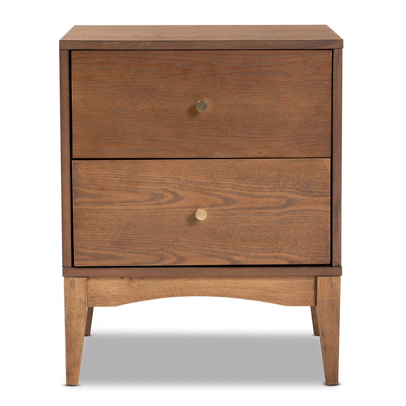 Landis Mid-Century Modern Nightstand Ash Walnut Finished Wood with 2 Drawers for Stylish Bedroom Storage