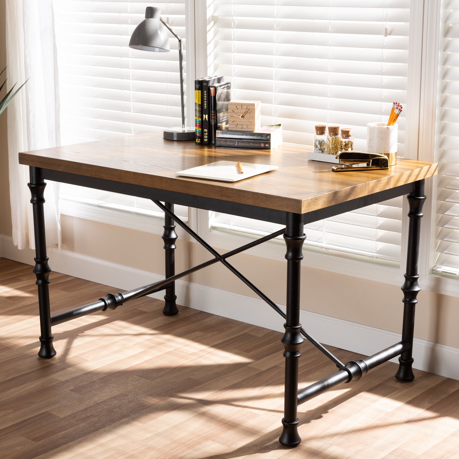 Verdin Vintage Rustic Industrial Style Desk - Wood and Dark Bronze Criss Cross Design for Home Office or Study