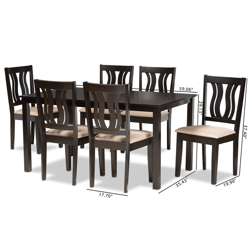 Fenton 7-Piece Dining Set Modern Sand Fabric Upholstered Chairs with Dark Brown Finished Wood Table