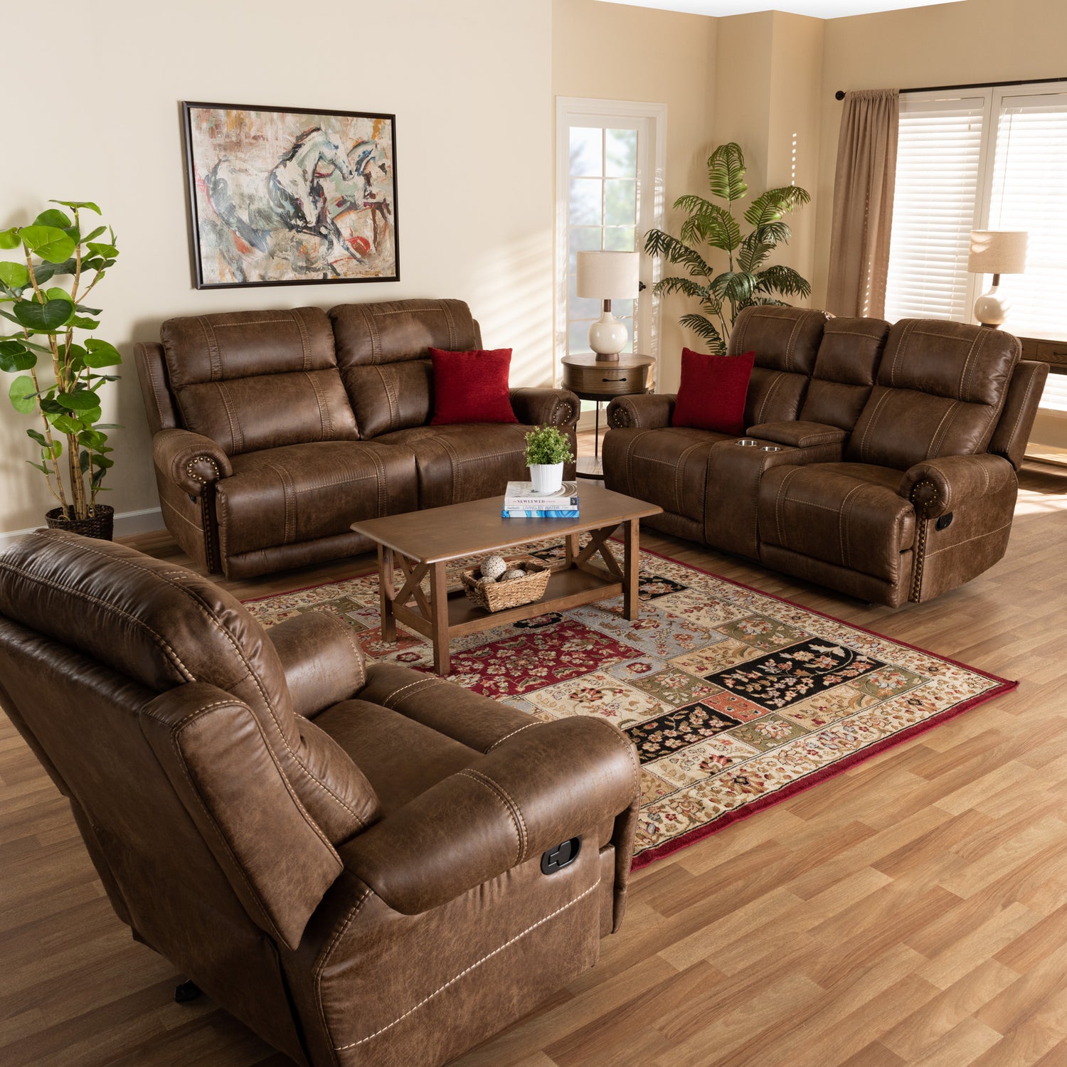 Buckley 3-Piece Reclining Living Room Set in Modern Light Brown Faux Leather Upholstery