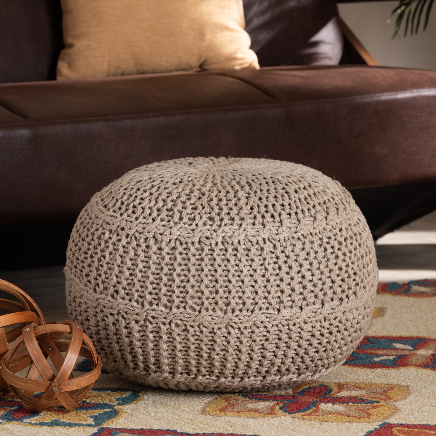 Palmas Pouf Ottoman Modern and Contemporary Bohemian Beige Handwoven Pet Yarn