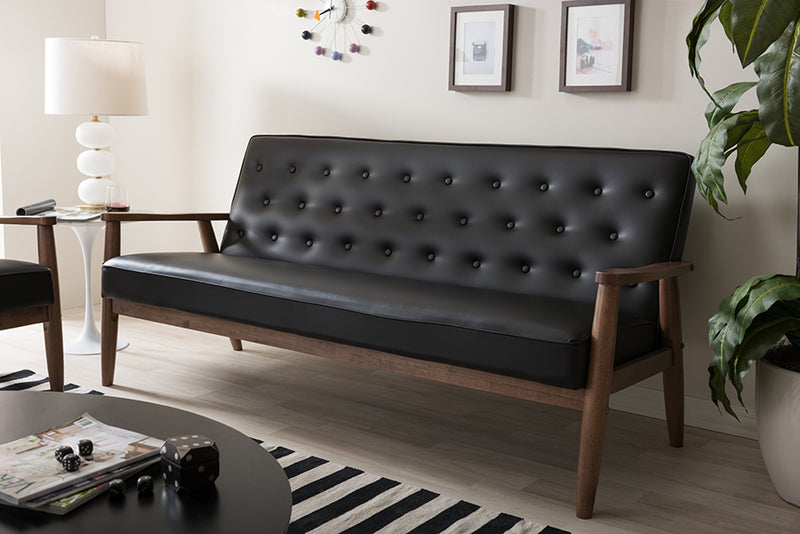 Sorrento Sofa Mid-century Retro Modern Black Faux Leather Upholstered Wooden 3-seater